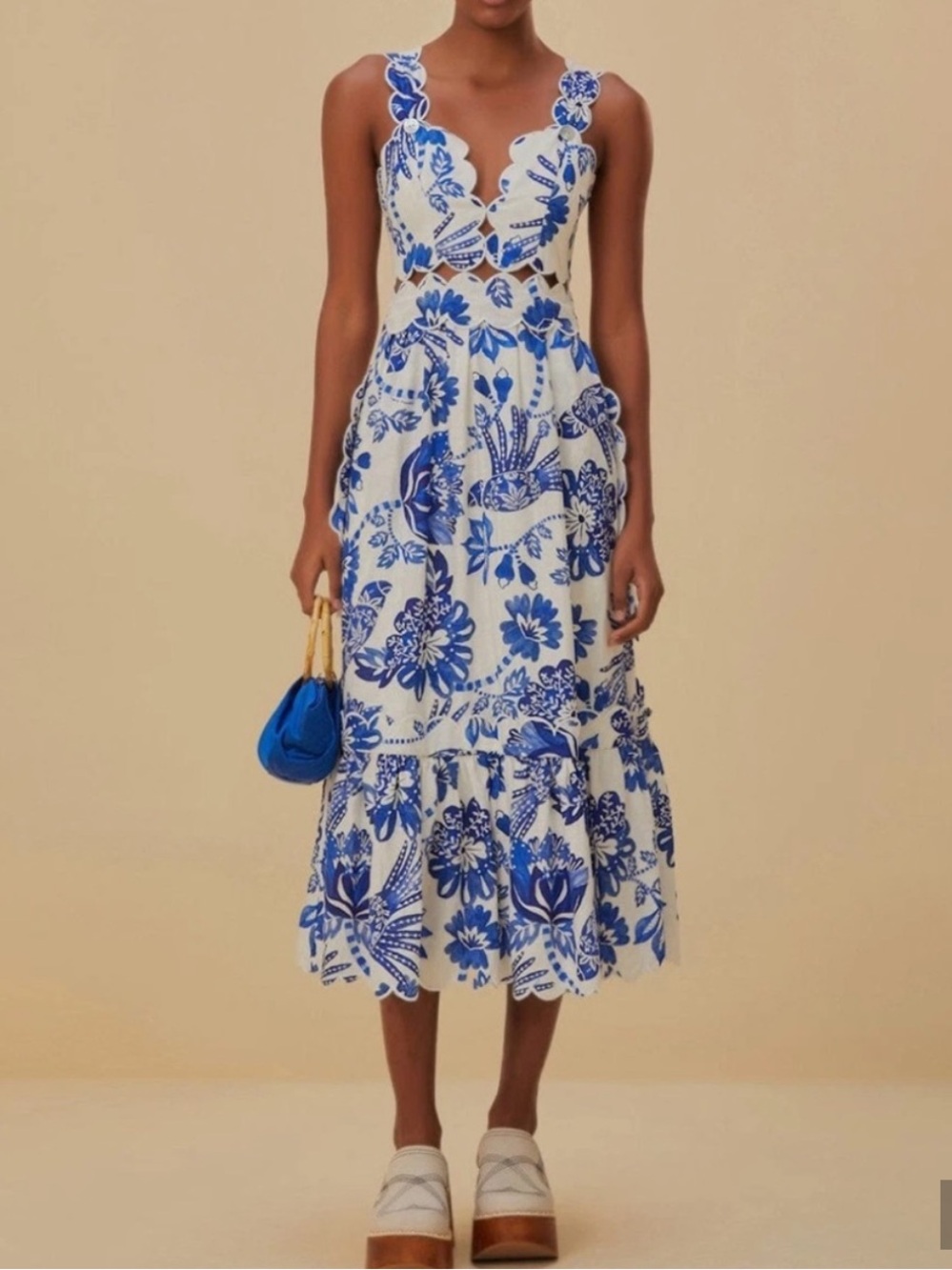 Farm Rio blue and white midi dress  with Scallop Trim